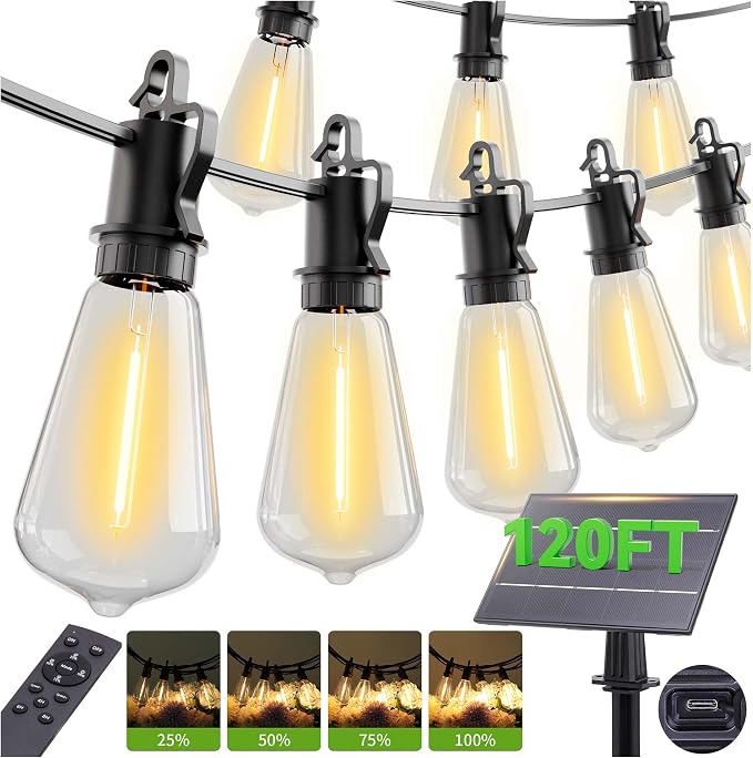 120FT Solar String Lights for Outside with 50+2 Shatterproof, Outdoor Light with Remote ST38 Vintage Edison Bulbs, Solar Lights Outdoor Waterproof Hanging Light for Outside Backyard