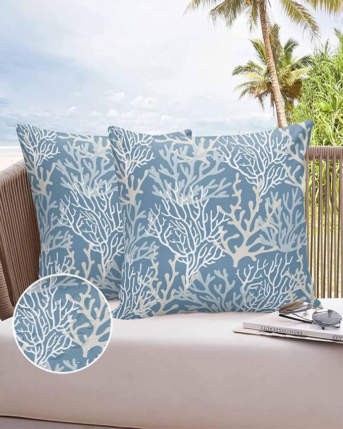 Pack of 2 Outdoor Pillow Covers 18x18 Waterproof Blue Coral Coastal Throw Pillow Covers, Decorative Pillowcases Nautical Ocean Marine Organism Cushion Covers for Patio Garden Couch Pillow Case