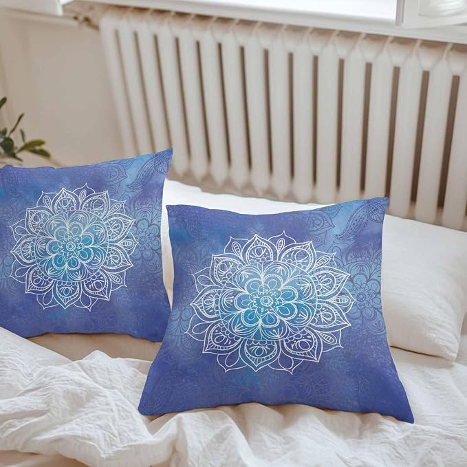 Vandarllin Outdoor Throw Pillows Covers 20x20 inch Set of 2 Waterproof Blue Boho Floral Decorative Zippered Cushion Covers for Patio Furniture, Bohemian Flower Lumbar Pillowcases
