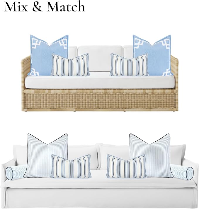 Hofdeco Premium Coastal Hampton Outdoor Performance Lumbar Pillow Cover Only, 12"x20" Water Repellent, UV and Fade Resistant for Backyard, Couch, Poolside, Azure Blue Indigo Woven Bayside Stripes