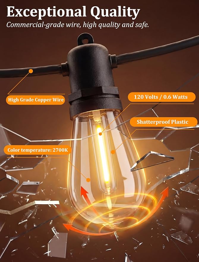 S14 Outdoor String Lights 100FT, Waterproof Patio Lights with 35 Shatterproof LED Bulbs (2 Spare), UL Certified Commercial Grade Black Wire Hanging Lights for Outdoor, Indoor, Backyard, Porch