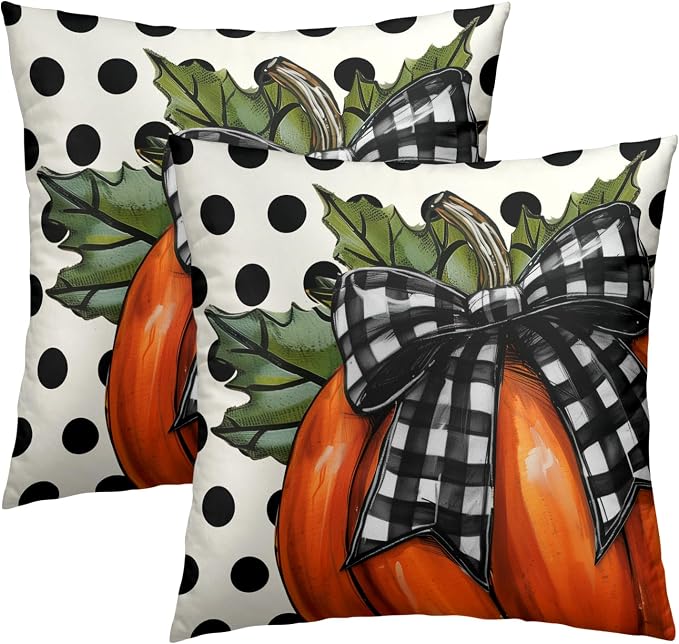 Fall Throw Pillow Covers 22x22 Inch, Set of 2 Buffalo Plaid Pumpkin Polka Dot Farmhouse Square Zipper Closure Pillowcases Cotton Cushion Cover for Living Room Bedroom Sofa Bed Bench Seasonal Decor