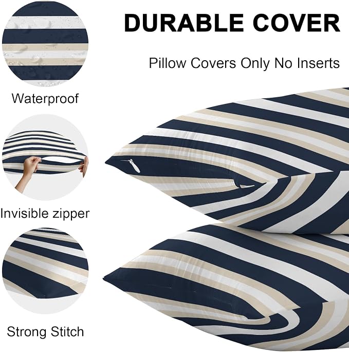 Khaki Navy Blue Striped Outdoor Pillow Covers Waterproof, All Weather Cushion Case Set of 2, Farmhouse Abstract Lines Art Lumbar Pillowcase for Sofa Couch Bed Decor Patio Furniture 20"x12"
