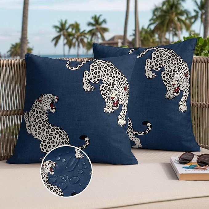 Navy Blue Leopard Outdoor Waterproof Pillow Covers Pack of 2, Modern Style Wild Animal Rustic Linen Texture Throw Pillowcases Decorative Cushion Covers for Garden Patio Tent Sofa Couch, 20x20 inch