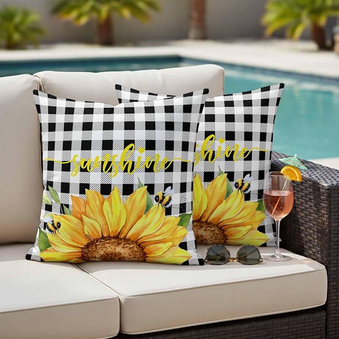 Farm Outdoor Throw Pillow Cover Watercolor Sunflowers Honeybee Waterproof Cushion Covers 2 Pack Yellow Flower Black White Plaid Pillow Cases Home Decoration for Patio Garden Couch Sofa 16x16In