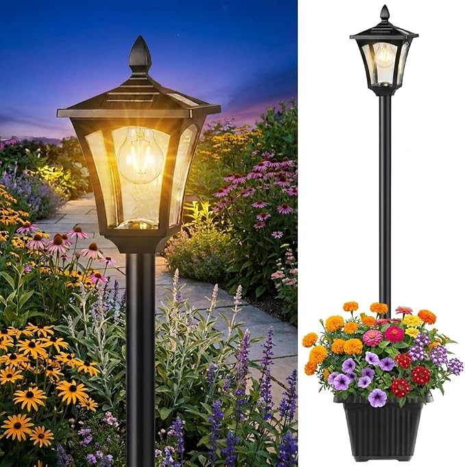 Benany 76" Solar Lamp Post Lights with Planter, Glass & Metal Street Light Outdoor Waterproof, 60 Lumens Dusk to Dawn Solar Pole Light for Garden, Yard, Driveway, Porch, Patio, Warm White