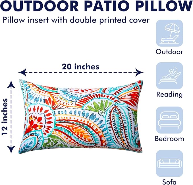 2 Pack Waterproof Outdoor Pillows, 12x20 Outdoor Lumbar Pillows | Patio Furniture Pillows, Decorative Throw Pillows, Waterproof &Fade Resistant, Removable & Washable, Paisley Multi Blue