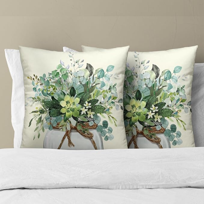 Sage Green Leaves Pillow Covers 22x22 in Set of 2, Watercolor Eucalyptus Leaf Branches Plant Decorative Cushion Cover Pillowcase for Couch Sofa Holiday Home Decor