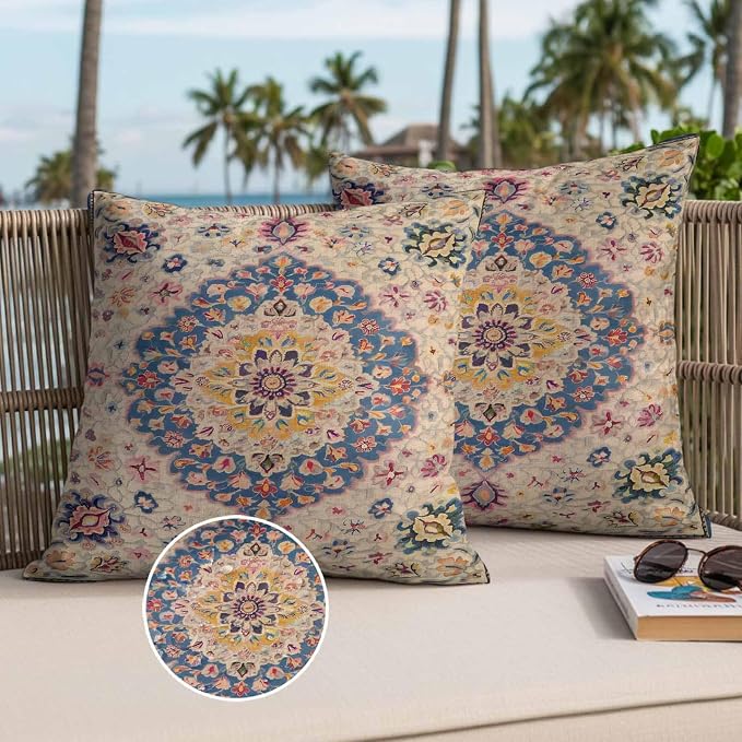 Boho Southwest Waterproof Outdoor Pillow Covers Set of 2 Home Decor, Vintage Country Ethnic Nation Motifs Pillowcase Patio Pillow Covers for Couch Bench Furniture Garden 16x16in