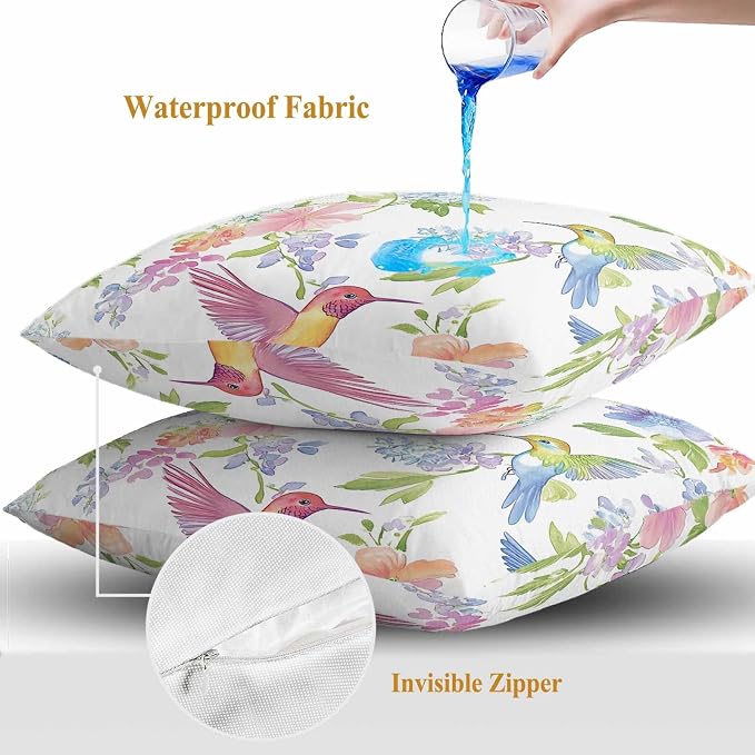 Spring Hummingbird Outdoor Waterproof Throw Pillow Covers Set of 2, 16"x16", Colorful Birds Floral Decorative Pillow Covers Outside Cushion Case for Patio Porch Garden