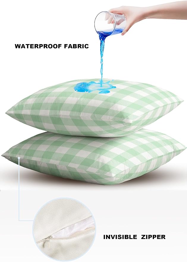 Outdoor Waterproof Throw Pillow Covers Set of 2 Light Green Buffalo Check Plaid Pillowcases 26x26 Inches Farmhouse Style Patio Decorative Pillows Cushion Case Patio Pillows for Couch Bed Chair Garden