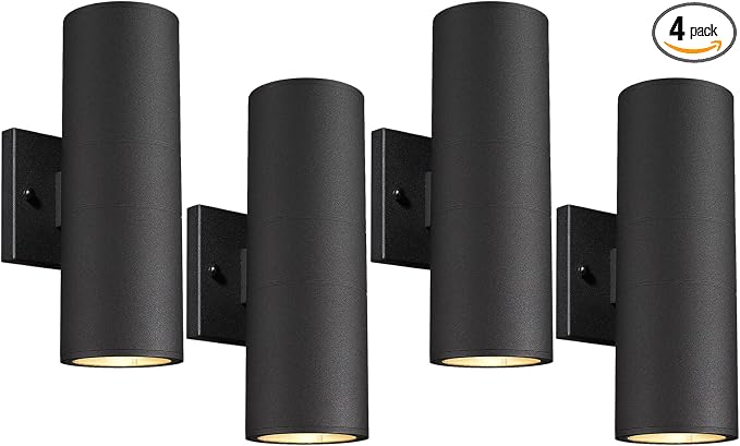 Ken & Ricky Cylinder Outdoor Wall Sconce Lights,Up and Down, Black, 4 Pack | Aluminum Waterproof Outdoor Wall light,No Glare,Exterior Lighting Fixtures,E26 Base，For Porch House Garage Front Door Patio