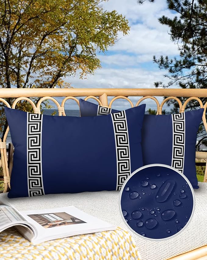 Funy Decor Waterproof Outdoor Throw Pillow Cover Geometric Greek Key Design Lumbar Pillowcases Set of 2 Navy Blue Decorative Patio Furniture Pillows for Couch Garden 20x12 inch