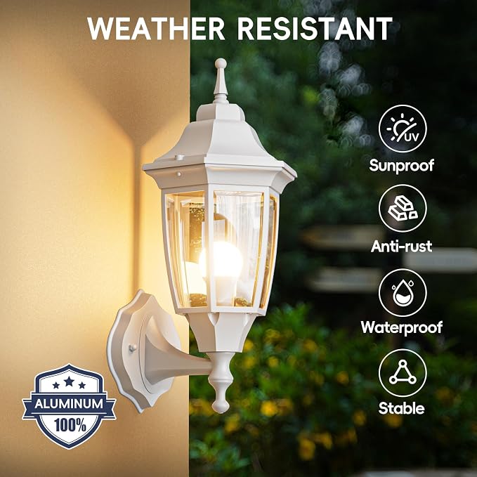 EMART Outdoor Front Porch Light with Bulb, Wall Lamp Fixture(2 Pack, White) | Exterior Anti-Corrosion, Waterproof Aluminum & Glass Shades, Modern Sconce Lantern for Outside, House, Garage