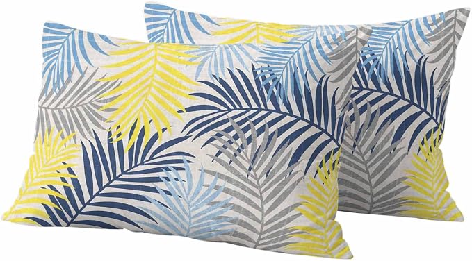 Outdoor Waterproof Throw Pillow Covers, Blue Yellow Grey Palm Leaves Decorative Pillow Cases, Summer Botanical Tropical Leaf Couch Pillow Protector Patio Sofa Cushion Covers Replacement 20"x12" 2 Pack