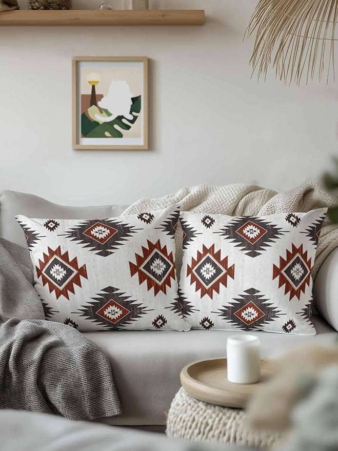 Waterproof Outdoor Pillow Set of 2 Red Brown Boho Aztec Decorative Throw Pillows Cover & Insert 16x16 Inch Pillowcase Southwest Tribal Style Pillows for Couch Sofa Bed Patio Furniture Indoor Outdoor