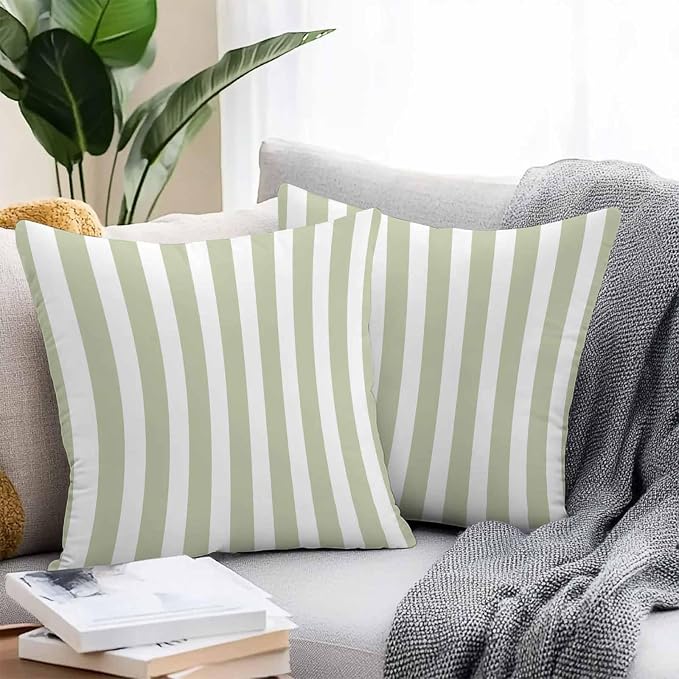 Sage Green Striped Outdoor Waterproof Throw Pillow Covers 20x20 Set of 2, Modern Farmhouse Sage Green White Stripes Decorative Pillowcases Cushion Pillowcase for Couch Sofa Patio Pillow Protector
