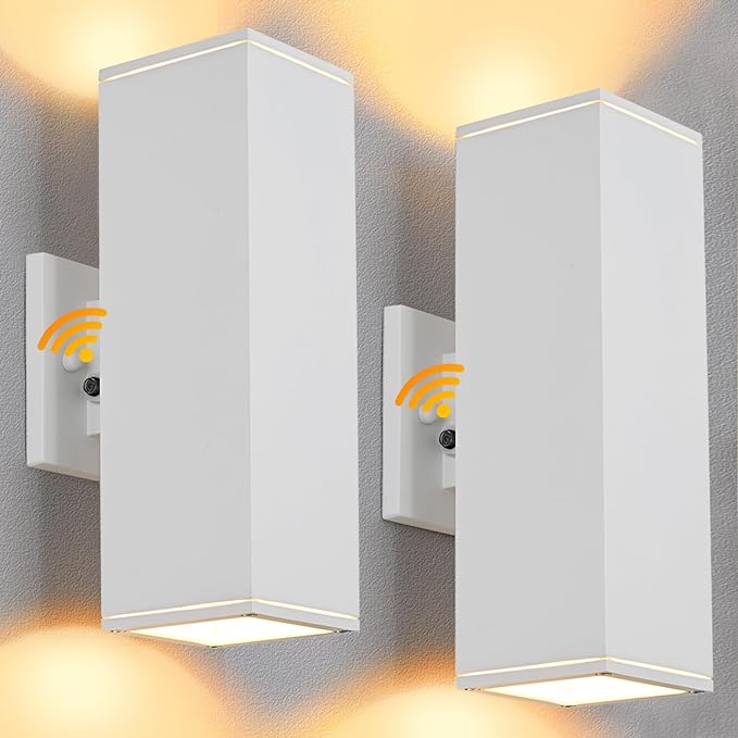 Dusk to Dawn Outdoor Light Fixture, 2 Pack Waterproof Outdoor Wall Lights, Modern Sensor Ootdoor Porch Light Exterior Lighting Fixture, White