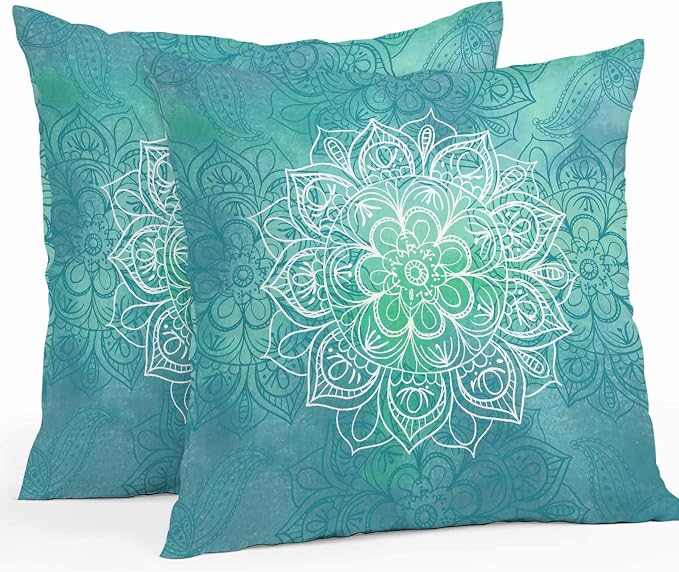 Vandarllin Outdoor Throw Pillows Covers 24x24 inch Set of 2 Waterproof Turquoise Boho Floral Decorative Zippered Cushion Covers for Patio Furniture, Bohemian Flower Lumbar Pillowcases