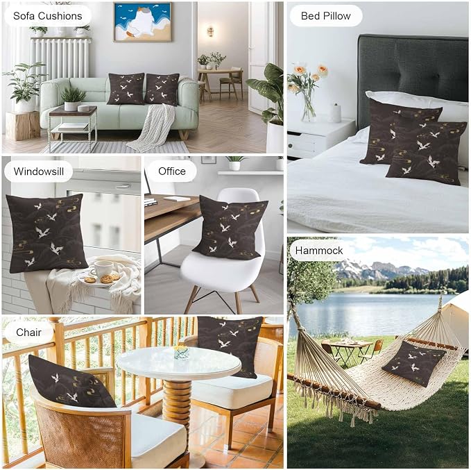 Japanese Style Outdoor Pillow Covers 20x20 Inch Throw Pillow Covers Set of 2 Waterproof Decorative Pillow Cases Vintage Cranes Ocean Wave Black Grey Cushion Covers for Patio Furniture Garden Couch