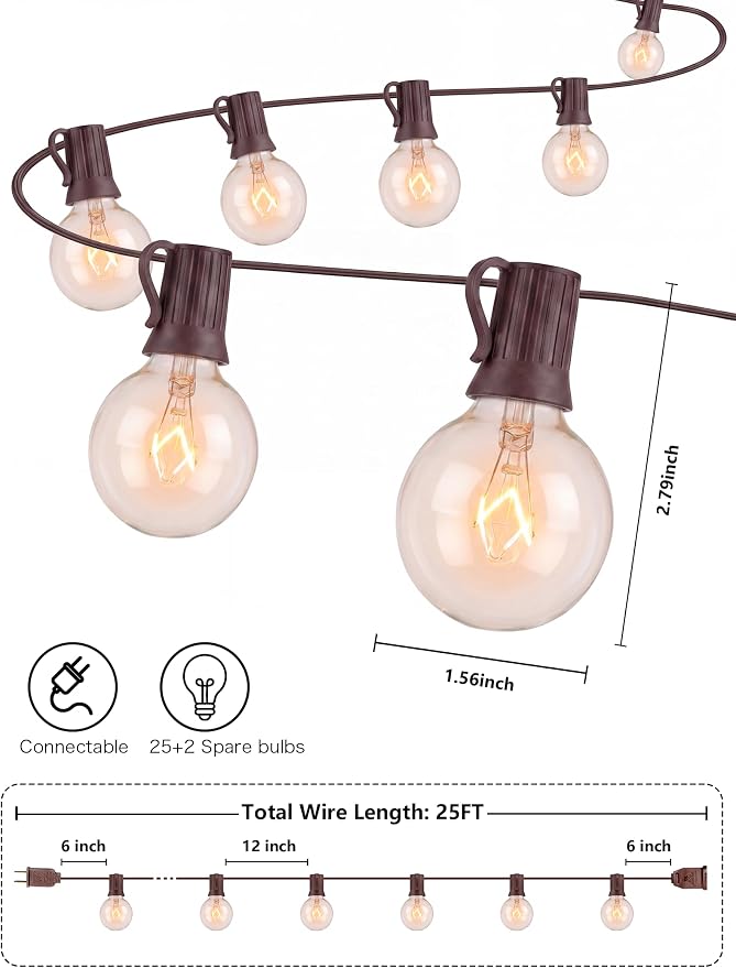 SUNSGNE 25Ft Globe String Lights with 27 Clear G40 Bulbs, Natural Warm Bulb Hanging Umbrella Lights for Backyard Patio Garden Party Cafe Indoor Outdoor Decor-Brown