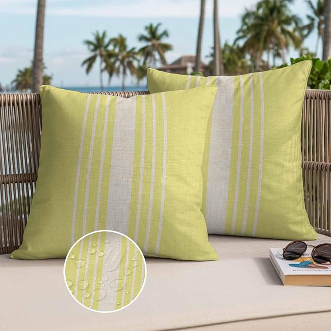 Throw Pillow Covers 16x16 Inch Set of 2, Yellow Beige Striped Waterproof Outdoor Cushion Covers, Modern Farmhouse Retro Lines Decorative Pillowcases for Couch, Sofa, Bed, Garden, Patio