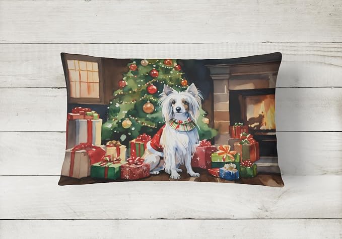 Caroline's Treasures DAC2632PW1216 Chinese Crested Cozy Christmas Throw Pillow Machine Washable, Indoor Outdoor Decorative Pillow for Couch, Bed or Patio, 12HX16W