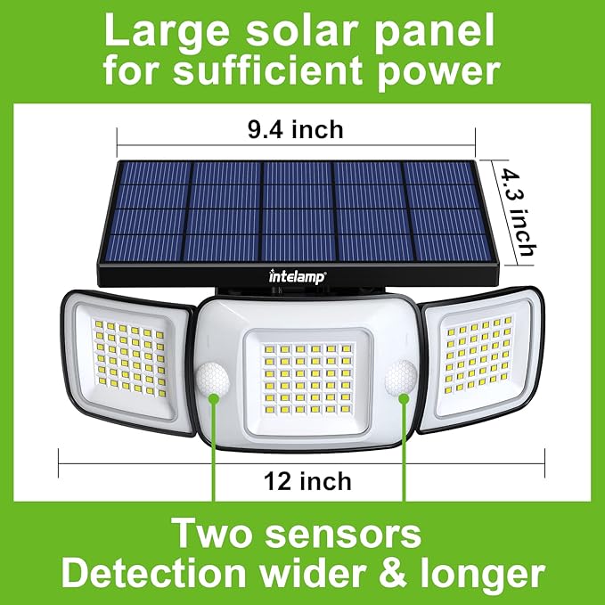 intelamp Solar Outdoor Lights, Motion Sensor with Dual Sensors Waterproof | Solar Flood Lights 270°Wide Angle for Outside with 3 Modes