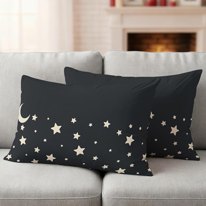 Stars Moon Waterproof Outdoor Pillow Covers Set of 2 Home Decor, Starry Night Black Lumbar Pillowcase Patio Pillow Covers for Couch Bench Patio Furniture Garden 20x12in