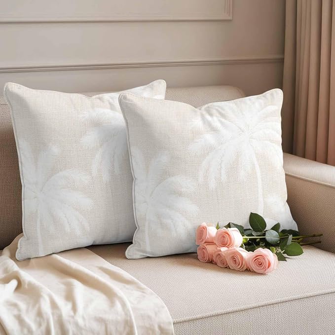 Outdoor Pillow Covers 24x24 Inch Set of 2, Cream Palm Trees Waterproof Throw Pillow Covers, Farmhouse Tropical Summer Beach Decorative Cushion Pillowcases for Couch, Sofa, Bed, Garden, Patio