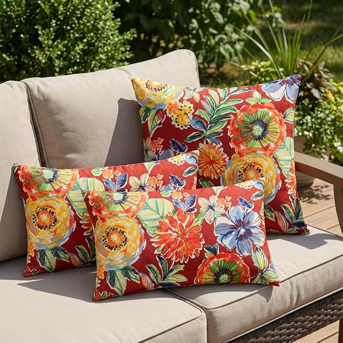 RSH DECOR: Lumbar & Square Throw Pillows Set of 4 | 20" x 12" & 17" x 17" | All-Weather Spun Fabric | Water and Fade-Resistant | Outdoor Accent Pillows for Patio Furniture | Colsen Berry