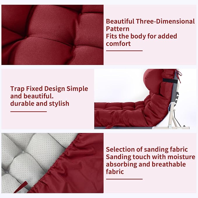 Tudomro Outdoor Chaise Lounge Cushion 66x21x4'' Waterproof & Fade-Resistant Patio Pool Chaise Lounge Cushion Headrest Pillow Tie Replacement Rocking High Back Chair(Burgundy,Set of 2)