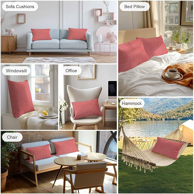 Vandarllin Outdoor Throw Pillows Covers 20x12 inch Set of 2 Waterproof Coral Red Linen Decorative Zippered Cushion Covers for Patio Furniture, Farmhouse Pure Color Lumbar Pillowcases