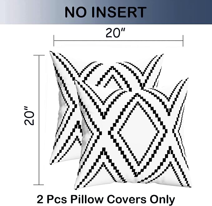 Outdoor Pillow Cover Waterproof Set of 2, Black and White Throw Pillows for Patio Furniture, Outdoor Pillow Covers for Couch, White More(Black&white-02, 20x20 Inch)