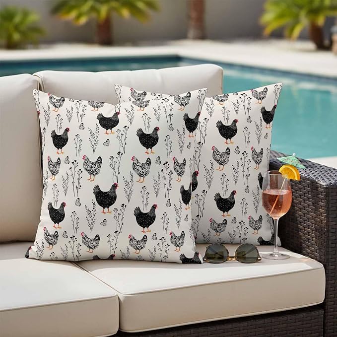 Beige Farm Chicken Outdoor Pillow Covers 18"x18" Set of 2, Country Farmhouse Black White Rooster Flower Leaf Waterproof Throw Pillow Covers for Patio Furniture, Decorative Cushion Covers for Porch
