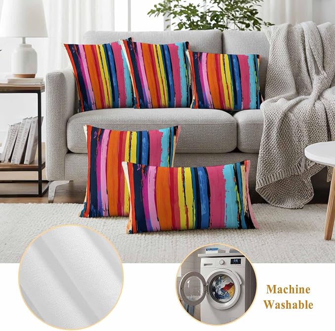 Rainbow Stripe Graffiti Outdoor Pillow Covers Set of 2 Oil Painting Striped Modern Art Waterproof Throw Pillow Cover Decorative Cushion Cases for Patio Porch Garden 16X16 Inch