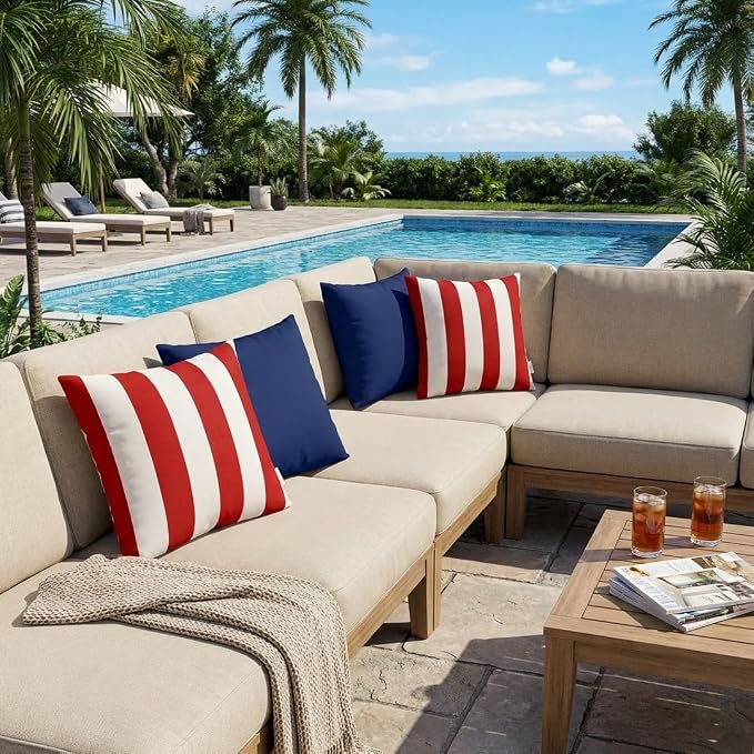RSH DECOR Square Throw Pillows Set of 4, 17" x 17", Outdoor Pillows Waterproof, Outdoor Pillow Covers, Pillow Covers for Couch, Red and White Stripe & Solid Navy, Made in USA