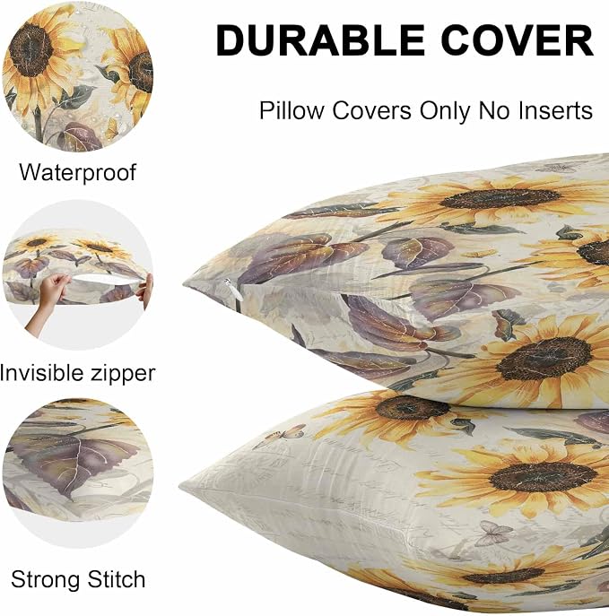 Sunflower Outdoor Pillow Covers Pack of 2, Retro Sunflower Floral Butterfly Waterproof Pillow Covers Seasonal Spring Summer Throw Pillowcase for Patio Funiture Garden Tent, 16 x 16 inch