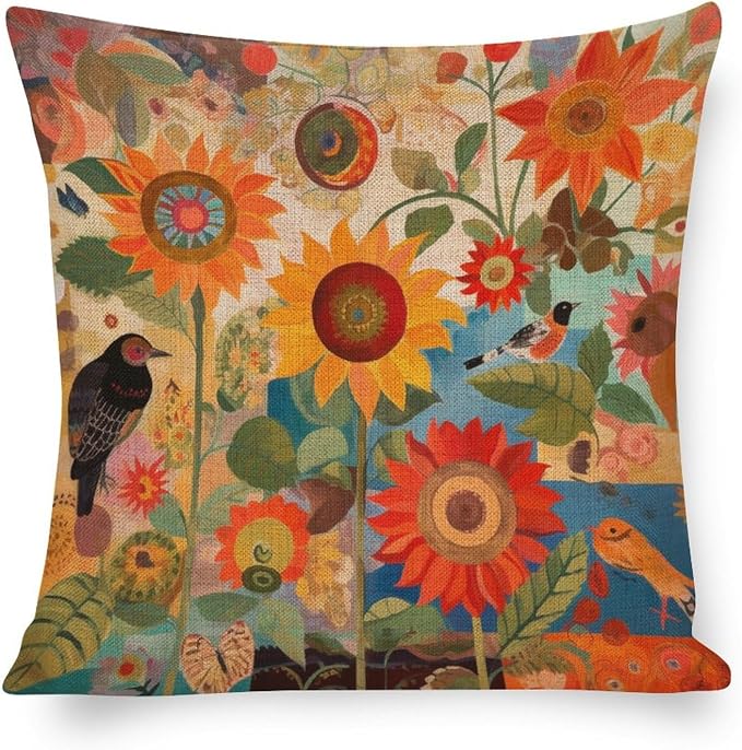 Cushion Covers Colorful Painting of Sunflowers Bird Linen Cushion Case Vintage Sunflower Bed Pillows Decorative 18"x18" Decorative Outdoor Linen Fabric Pillow Case for Couch Bed Car