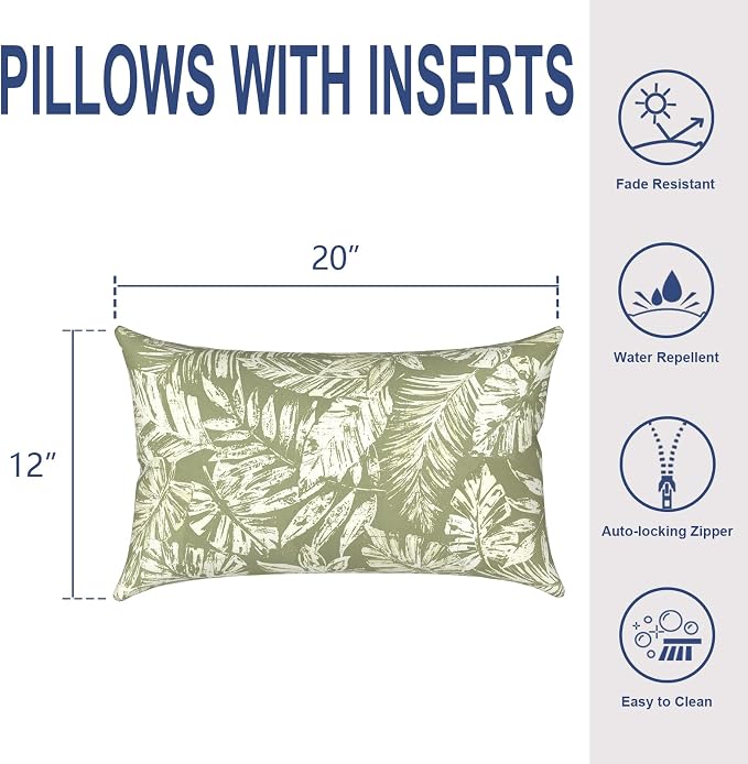 Outdoor Lumbar Pillows 12x20 Inch, Water Repellent Cushion Pillows, Outdoor Pillows with Inserts for Home Garden Pack of 2, Tropical Leaf Green