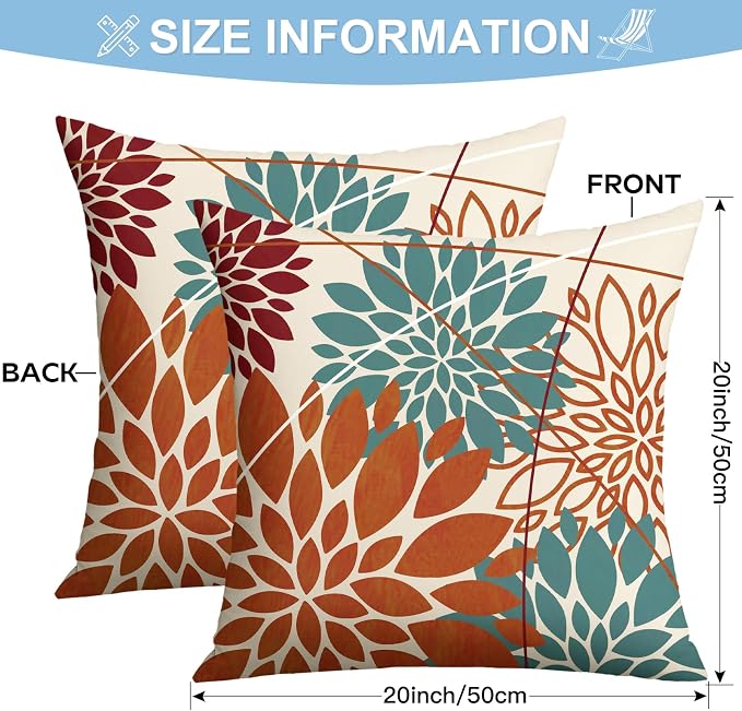OTOSTAR Outdoor Orange Cyan Pillow Covers 20x20 Inch Set of 2 Red Flower Throw Pillows Farmhouse Geometric Dahlia Floral Square Cushion Case Waterproof Decor for Sofa Patio Funiture Garden