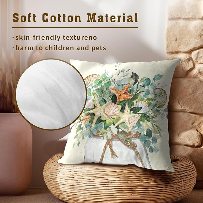 Eucalyptus Leaves Starfish Pillow Covers 16 x 16 Inches Set of 2,Summer Floral Coastal Seasonal Decoration Cushion Cover Pillowcase for Sofa Couch Indoor Outdoor Home Decor