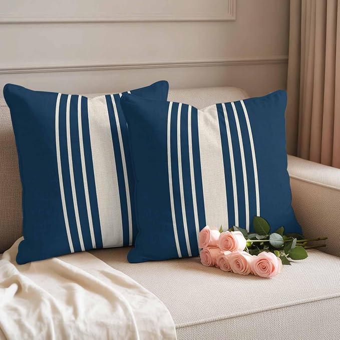Throw Pillow Covers 18x18 Inch Set of 2, Navy Blue Beige Striped Waterproof Outdoor Cushion Covers, Modern Farmhouse Retro Lines Decorative Pillowcases for Couch, Sofa, Bed, Garden, Patio