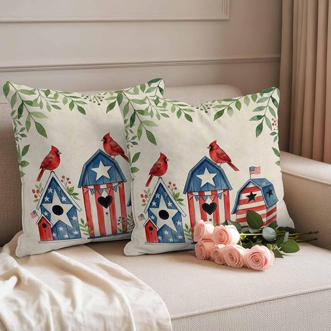 American Flag Bird House Outdoor Pillow Covers Waterproof, All Weather Cushion Case Set of 2, Green Eucalyptus Beige 250th Decorative Pillowcases for Sofa Couch Bed Decor Patio Furniture 18"x18"