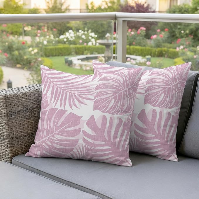 Pink Palm Leaves Outdoor Pillow Covers 20"x20" Set of 2, Tropical Botanical Minimalist Modern Waterproof Throw Pillow Covers for Patio Furniture, Decorative Cushion Covers for Porch