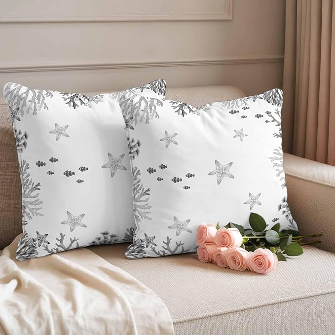 Summer Ocean Grey Coral Outdoor Waterproof Throw Pillow Covers Set of 2, 18"x18", Nautical Sea Watercolor Fish Starfish Decorative Pillow Covers Outside Cushion Case for Patio Porch Garden