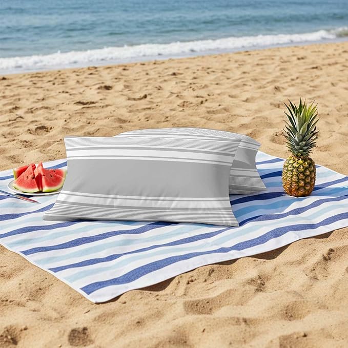 Vandarllin Outdoor Throw Pillows Covers 20x12 inch Set of 2 Waterproof Grey Stripes Decorative Zippered Cushion Covers for Patio Furniture, Striped Lines Lumbar Pillowcases