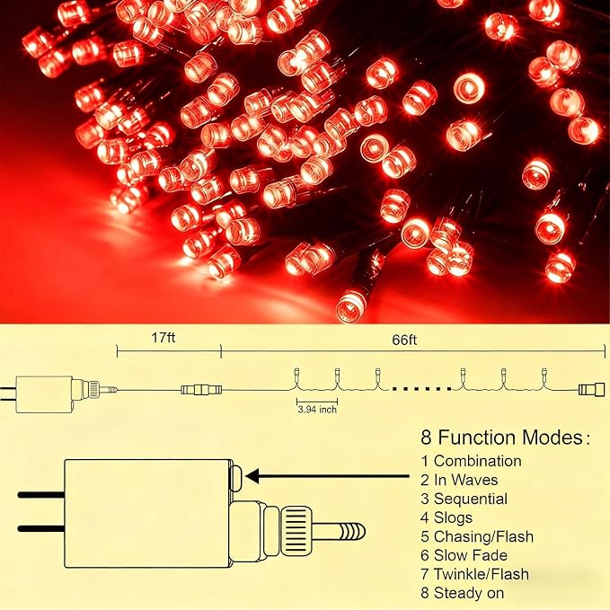 HOME LIGHTING 66ft Valentines Decorative Mini Lights, 200 LED Green Wire Christmas Fairy String Lights Plug in, 8 Lighting Modes, Waterproof for Indoor Outdoor Tree Wedding Party Decoration (Red)