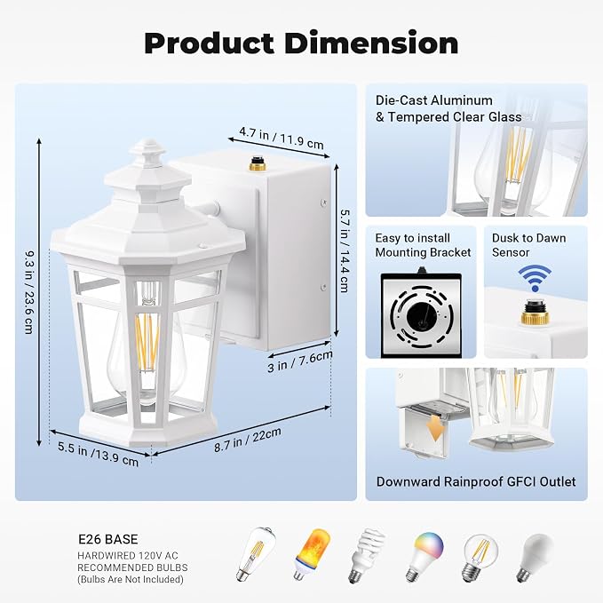 Gleamz Outdoor Wall Lights with GFCI Outlet, White 2-Pack Exterior Lighting Fixtures with Dusk to Dawn Sensor, Porch Light with Outlet Wall Mount, Waterproof Front Door Light Fixture Outdoor