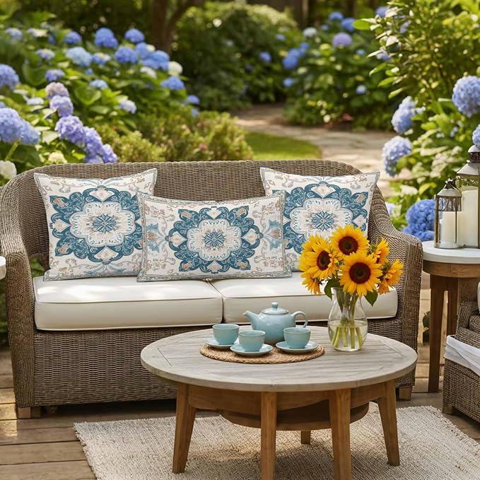 Boho Flowers Waterproof Outdoor Pillow Covers Set of 2 Home Decor, Country Neutral Chic Abstract Floral Art Pillowcase Patio Pillow Covers for Couch Bench Furniture Garden 18x18in